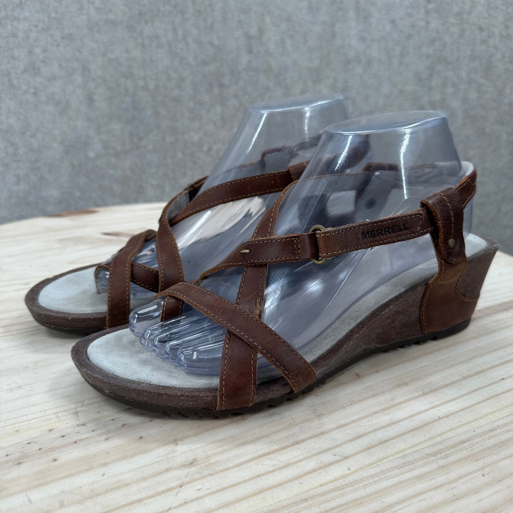 Merrell Revalli Aura Post Wedge Sandals Womens 9 Brown Leather Strappy Slingback